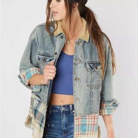 FREE PEOPLE women’s Distressed Sirius Denim Jean Plaid Contrast Shirt Jacket - Picture 9 of 15